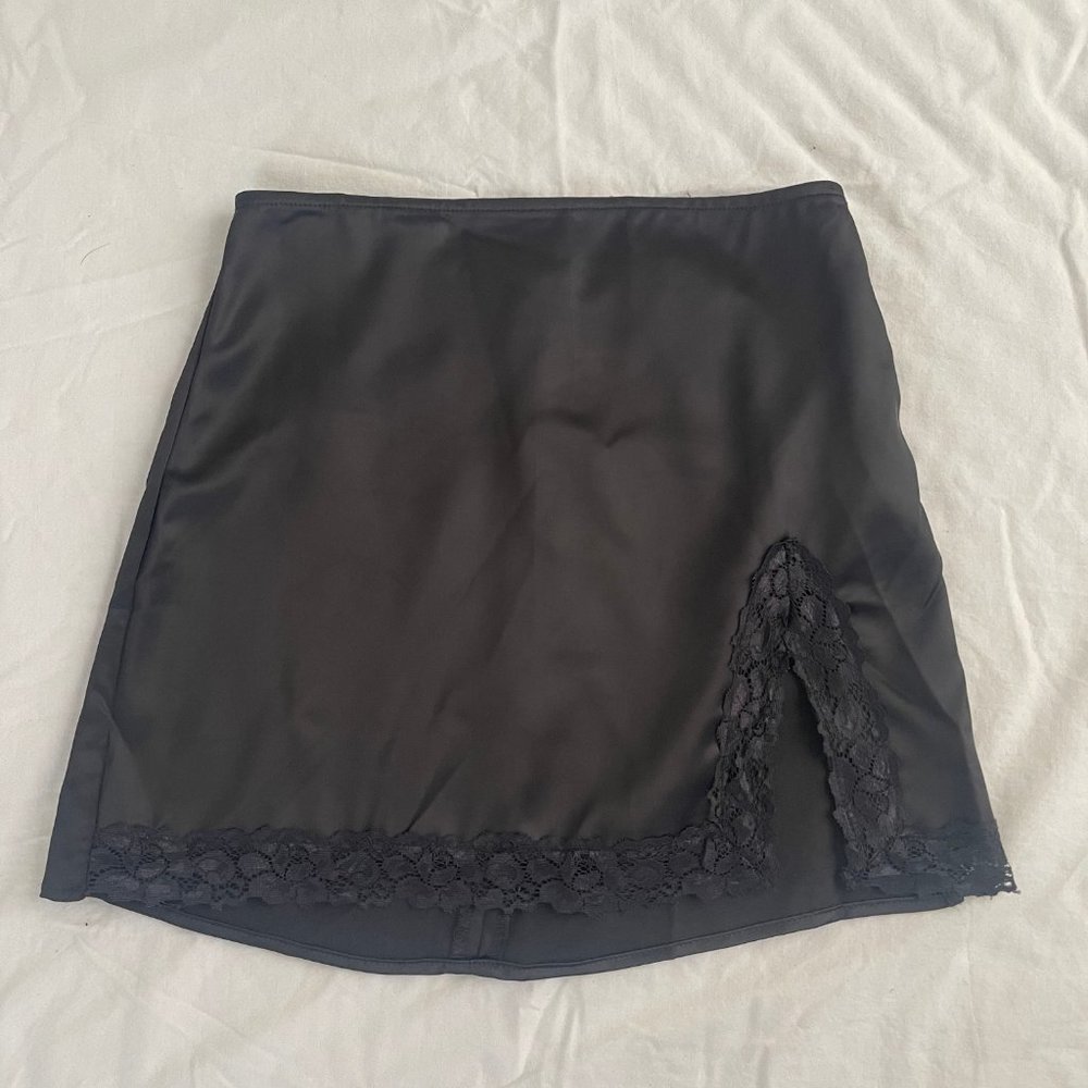 F21 Black Satin Lace Trim Mini Skirt